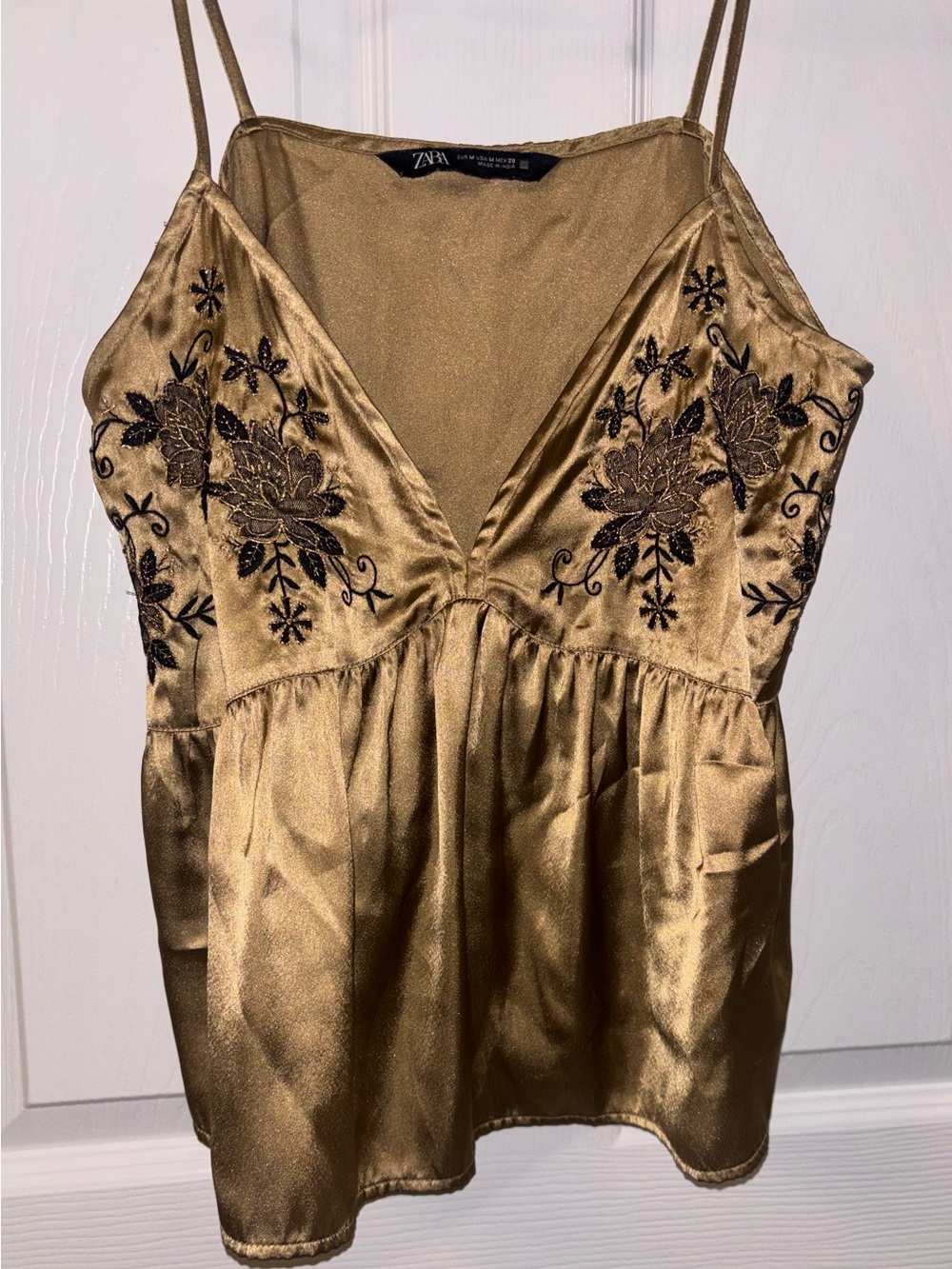 Zara Gold Satin Embroidered Floral Tank Top